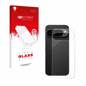 Vorderseite einer Produktverpackung mit dem Markenlogo upscreen. Daneben ist das Gerät Google Pixel 9 Pro (Rückseite) mit dem 