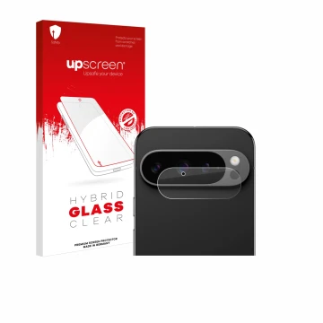 Vorderseite einer Produktverpackung mit dem Markenlogo upscreen. Daneben ist das Gerät Google Pixel 9 Pro (NUR Kameraschutz) m