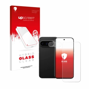 Vorderseite einer Produktverpackung mit dem Markenlogo upscreen. Daneben ist das Gerät Google Pixel 9 Pro (Display+Kamera) mit