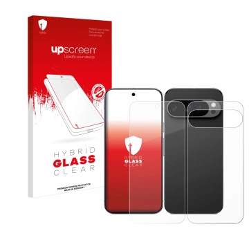 Vorderseite einer Produktverpackung mit dem Markenlogo upscreen. Daneben ist das Gerät Google Pixel 9 Pro XL (Display+Rückseit