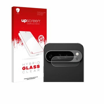 Vorderseite einer Produktverpackung mit dem Markenlogo upscreen. Daneben ist das Gerät Google Pixel 9 Pro XL (NUR Kameraschutz