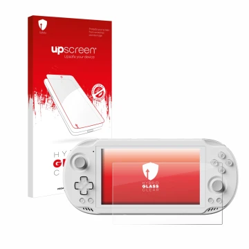 Vorderseite einer Produktverpackung mit dem Markenlogo upscreen. Daneben ist das Gerät AYN Odin 2 Mini mit dem zugehörigen Dis