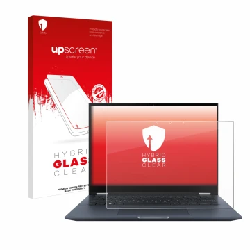 Vorderseite einer Produktverpackung mit dem Markenlogo upscreen. Daneben ist das Gerät ASUS Vivobook S 14 Flip TN3402 mit dem 