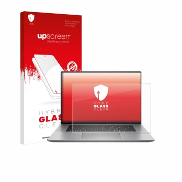 Vorderseite einer Produktverpackung mit dem Markenlogo upscreen. Daneben ist das Gerät HP Zbook Studio 16 G11 mit dem zugehöri