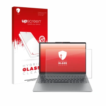 Vorderseite einer Produktverpackung mit dem Markenlogo upscreen. Daneben ist das Gerät Lenovo IdeaPad Pro 5 14AHP9 mit dem zug