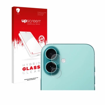 Vorderseite einer Produktverpackung mit dem Markenlogo upscreen. Daneben ist das Gerät Apple iPhone 16 (NUR Kameraschutz) mit 