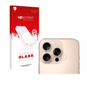 Vorderseite einer Produktverpackung mit dem Markenlogo upscreen. Daneben ist das Gerät Apple iPhone 16 Pro Max (NUR Kameraschu