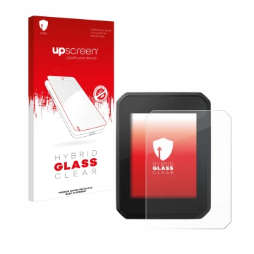 Vorderseite einer Produktverpackung mit dem Markenlogo upscreen. Daneben ist das Gerät FIT Display Compact 2.0 mit dem zugehör