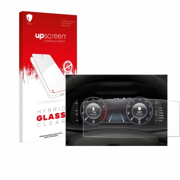 Vorderseite einer Produktverpackung mit dem Markenlogo upscreen. Daneben ist das Gerät Skoda Virtual Cockpit 10.25