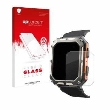 Vorderseite einer Produktverpackung mit dem Markenlogo upscreen. Daneben ist das Gerät Findtime Smartwatch 1.83