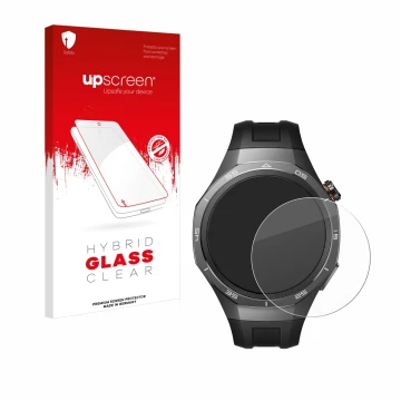 Vorderseite einer Produktverpackung mit dem Markenlogo upscreen. Daneben ist das Gerät Huawei Watch GT 5 Pro (46 mm) mit dem z