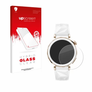 Vorderseite einer Produktverpackung mit dem Markenlogo upscreen. Daneben ist das Gerät Huawei Watch GT 5 Pro (42 mm) mit dem z