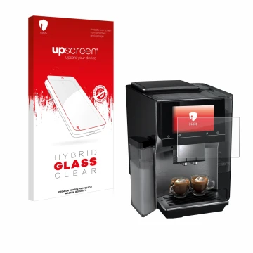 Vorderseite einer Produktverpackung mit dem Markenlogo upscreen. Daneben ist das Gerät Siemens EQ700 mit dem zugehörigen Displ