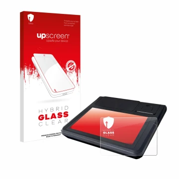 Vorderseite einer Produktverpackung mit dem Markenlogo upscreen. Daneben ist das Gerät Techfive ECR 100 mit dem zugehörigen Di