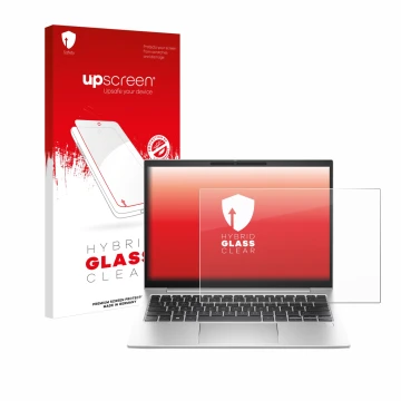Vorderseite einer Produktverpackung mit dem Markenlogo upscreen. Daneben ist das Gerät HP EliteBook 830 G11 mit dem zugehörige