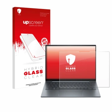 Vorderseite einer Produktverpackung mit dem Markenlogo upscreen. Daneben ist das Gerät HP Dragonfly 13.5