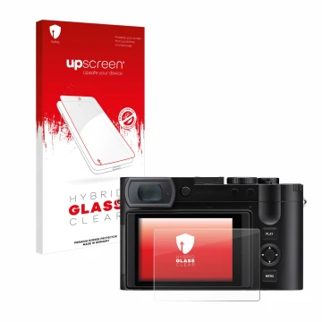 Vorderseite einer Produktverpackung mit dem Markenlogo upscreen. Daneben ist das Gerät Leica Q3 43 mit dem zugehörigen Display