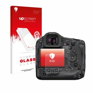 Vorderseite einer Produktverpackung mit dem Markenlogo upscreen. Daneben ist das Gerät Canon EOS R1 mit dem zugehörigen Displa