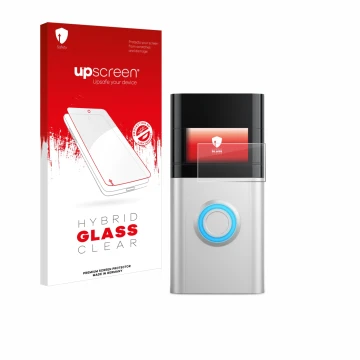 Vorderseite einer Produktverpackung mit dem Markenlogo upscreen. Daneben ist das Gerät Ring Video Doorbell 3 Plus mit dem zuge