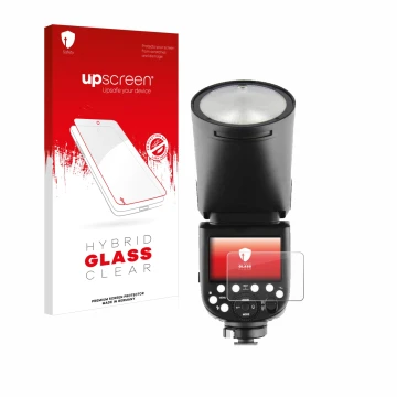 Vorderseite einer Produktverpackung mit dem Markenlogo upscreen. Daneben ist das Gerät Godox TT685 II mit dem zugehörigen Disp