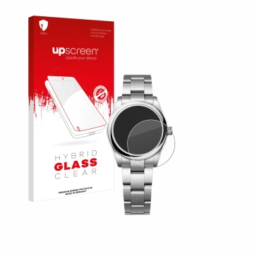 Vorderseite einer Produktverpackung mit dem Markenlogo upscreen. Daneben ist das Gerät Rolex Oyster Perpetual 31 mit dem zugeh