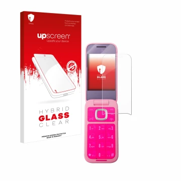 Vorderseite einer Produktverpackung mit dem Markenlogo upscreen. Daneben ist das Gerät HMD Barbie Phone mit dem zugehörigen Di