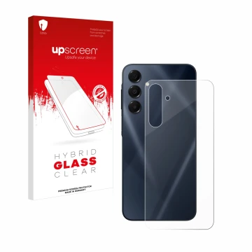 Vorderseite einer Produktverpackung mit dem Markenlogo upscreen. Daneben ist das Gerät Samsung Galaxy A16 5G (Rückseite) mit d