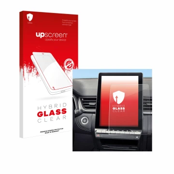 Vorderseite einer Produktverpackung mit dem Markenlogo upscreen. Daneben ist das Gerät Renault Symbioz 2024 mit dem zugehörige