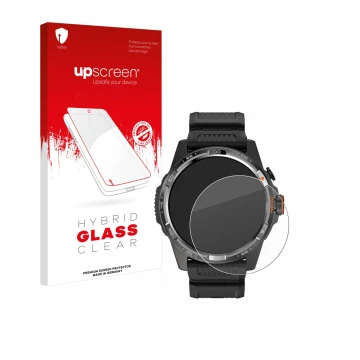 Vorderseite einer Produktverpackung mit dem Markenlogo upscreen. Daneben ist das Gerät Mobvoi Ticwatch Atlas mit dem zugehörig