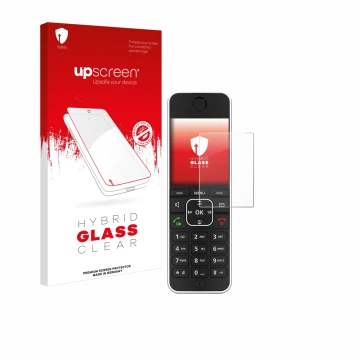 Vorderseite einer Produktverpackung mit dem Markenlogo upscreen. Daneben ist das Gerät AVM Fritz!Fon C6 Black mit dem zugehöri