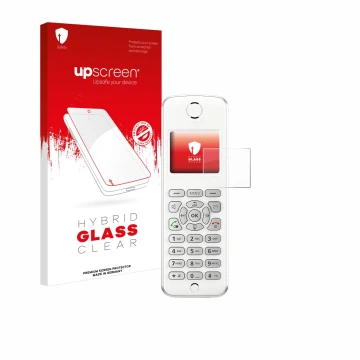 Vorderseite einer Produktverpackung mit dem Markenlogo upscreen. Daneben ist das Gerät AVM Fritz!Fon M2 mit dem zugehörigen Di