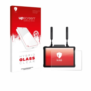 Vorderseite einer Produktverpackung mit dem Markenlogo upscreen. Daneben ist das Gerät Hollyland Pyro 7 mit dem zugehörigen Di