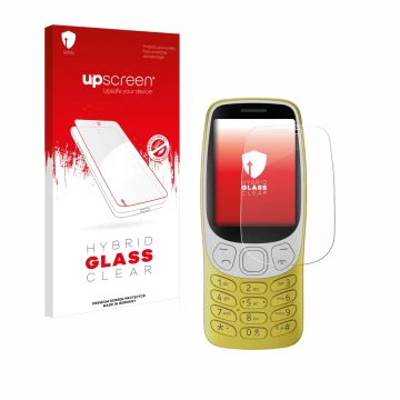 Vorderseite einer Produktverpackung mit dem Markenlogo upscreen. Daneben ist das Gerät Nokia 3210 mit dem zugehörigen Displays