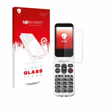 Vorderseite einer Produktverpackung mit dem Markenlogo upscreen. Daneben ist das Gerät Doro Leva L30 mit dem zugehörigen Displ