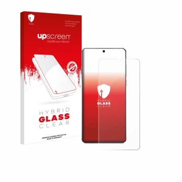 Vorderseite einer Produktverpackung mit dem Markenlogo upscreen. Daneben ist das Gerät OnePlus 13 mit dem zugehörigen Displays