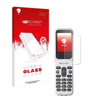 Vorderseite einer Produktverpackung mit dem Markenlogo upscreen. Daneben ist das Gerät Doro 2820 mit dem zugehörigen Displaysc