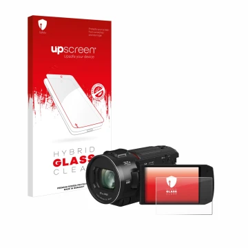 Vorderseite einer Produktverpackung mit dem Markenlogo upscreen. Daneben ist das Gerät Panasonic HC-VX3 mit dem zugehörigen Di