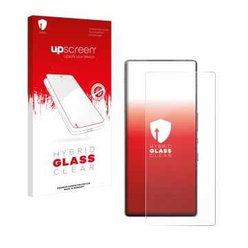 Vorderseite einer Produktverpackung mit dem Markenlogo upscreen. Daneben ist das Gerät ZTE Nubia Red Magic 10 Pro mit dem zuge