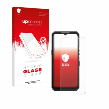 Vorderseite einer Produktverpackung mit dem Markenlogo upscreen. Daneben ist das Gerät Oukitel WP39 mit dem zugehörigen Displa