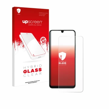 Vorderseite einer Produktverpackung mit dem Markenlogo upscreen. Daneben ist das Gerät Xiaomi Poco C75 mit dem zugehörigen Dis