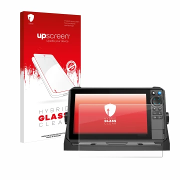 Vorderseite einer Produktverpackung mit dem Markenlogo upscreen. Daneben ist das Gerät Lowrance HDS-9 Pro mit dem zugehörigen 