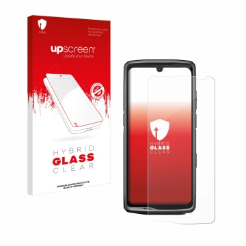 Vorderseite einer Produktverpackung mit dem Markenlogo upscreen. Daneben ist das Gerät Crosscall Stellar M6E mit dem zugehörig