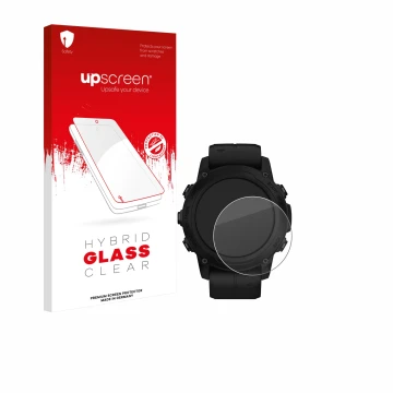 Vorderseite einer Produktverpackung mit dem Markenlogo upscreen. Daneben ist das Gerät Garmin Descent G1 Solar mit dem zugehör
