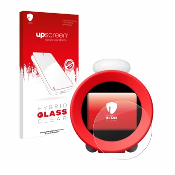 Vorderseite einer Produktverpackung mit dem Markenlogo upscreen. Daneben ist das Gerät Nintendo Sound Clock Alarmo mit dem zug