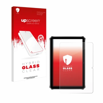 Vorderseite einer Produktverpackung mit dem Markenlogo upscreen. Daneben ist das Gerät Oukitel RT9 mit dem zugehörigen Display