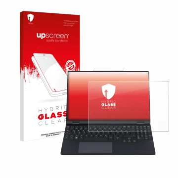 Vorderseite einer Produktverpackung mit dem Markenlogo upscreen. Daneben ist das Gerät Tuxedo InfinityBook Pro 15 Gen 9 mit de