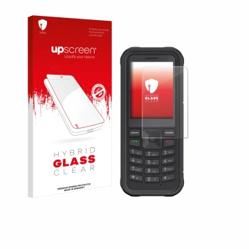 Vorderseite einer Produktverpackung mit dem Markenlogo upscreen. Daneben ist das Gerät Sonim XP100 mit dem zugehörigen Display