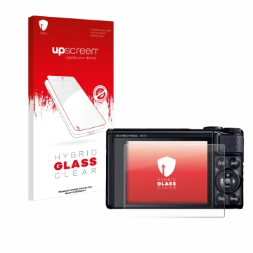 Vorderseite einer Produktverpackung mit dem Markenlogo upscreen. Daneben ist das Gerät Canon PowerShot SX740 HS Lite mit dem z