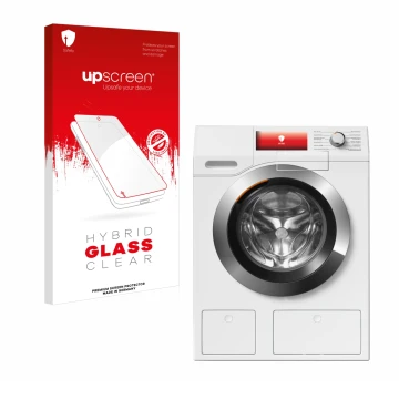 Vorderseite einer Produktverpackung mit dem Markenlogo upscreen. Daneben ist das Gerät Miele WEH875 mit dem zugehörigen Displa