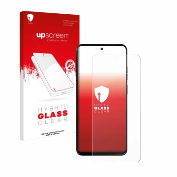 Vorderseite einer Produktverpackung mit dem Markenlogo upscreen. Daneben ist das Gerät Motorola Moto G15 Power mit dem zugehör
